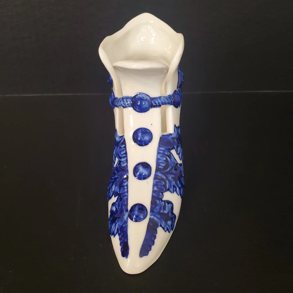 Vintage Victorian Shoe Delft Style Ceramic Planter Boot Décor Blue Bird On White